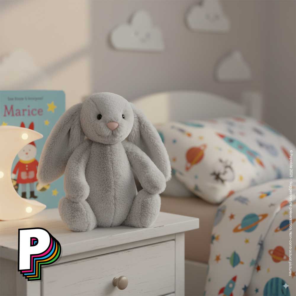 Peluche lapin gris Bashful Silver de Jellycat dans chambre d'enfant