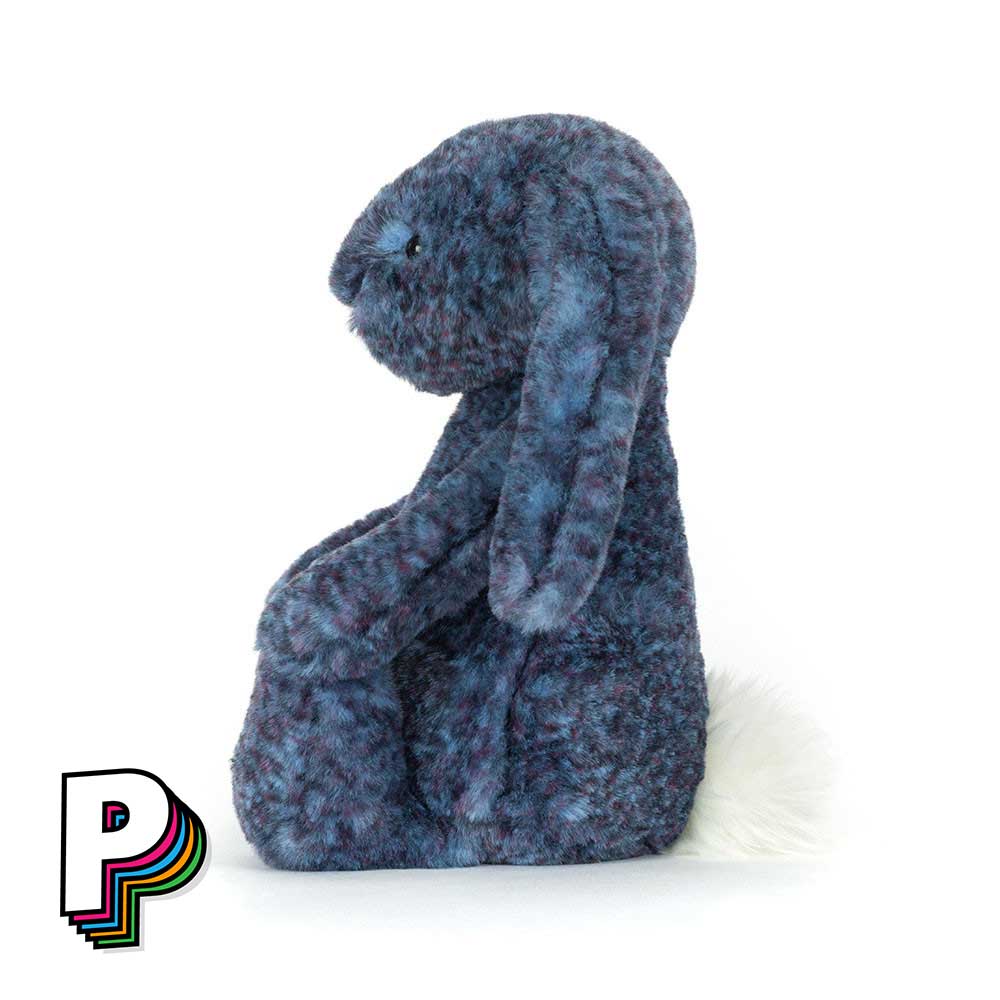 Peluche lapin hopscone bleu Luxe Jellycat de côté.