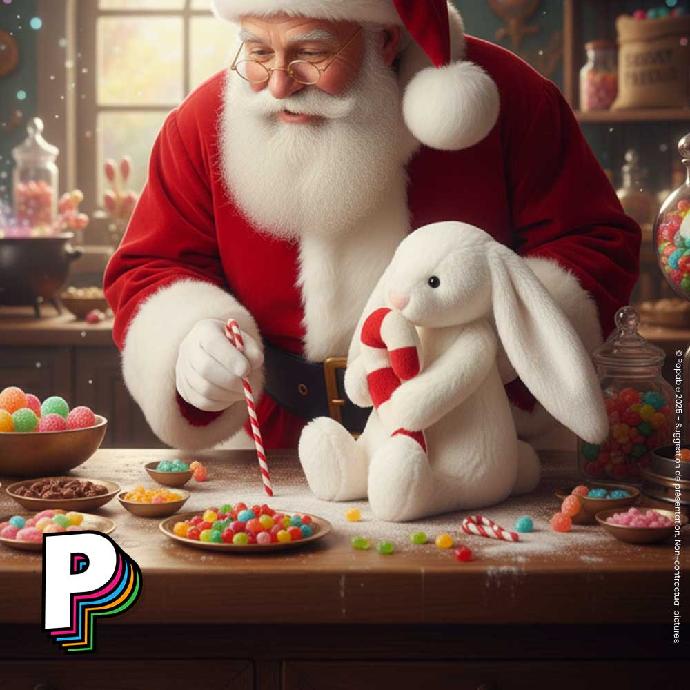 Peluche Lapin Bashful avec sucre d'orge de Jellycat avec pere-noel dans sa confiserie