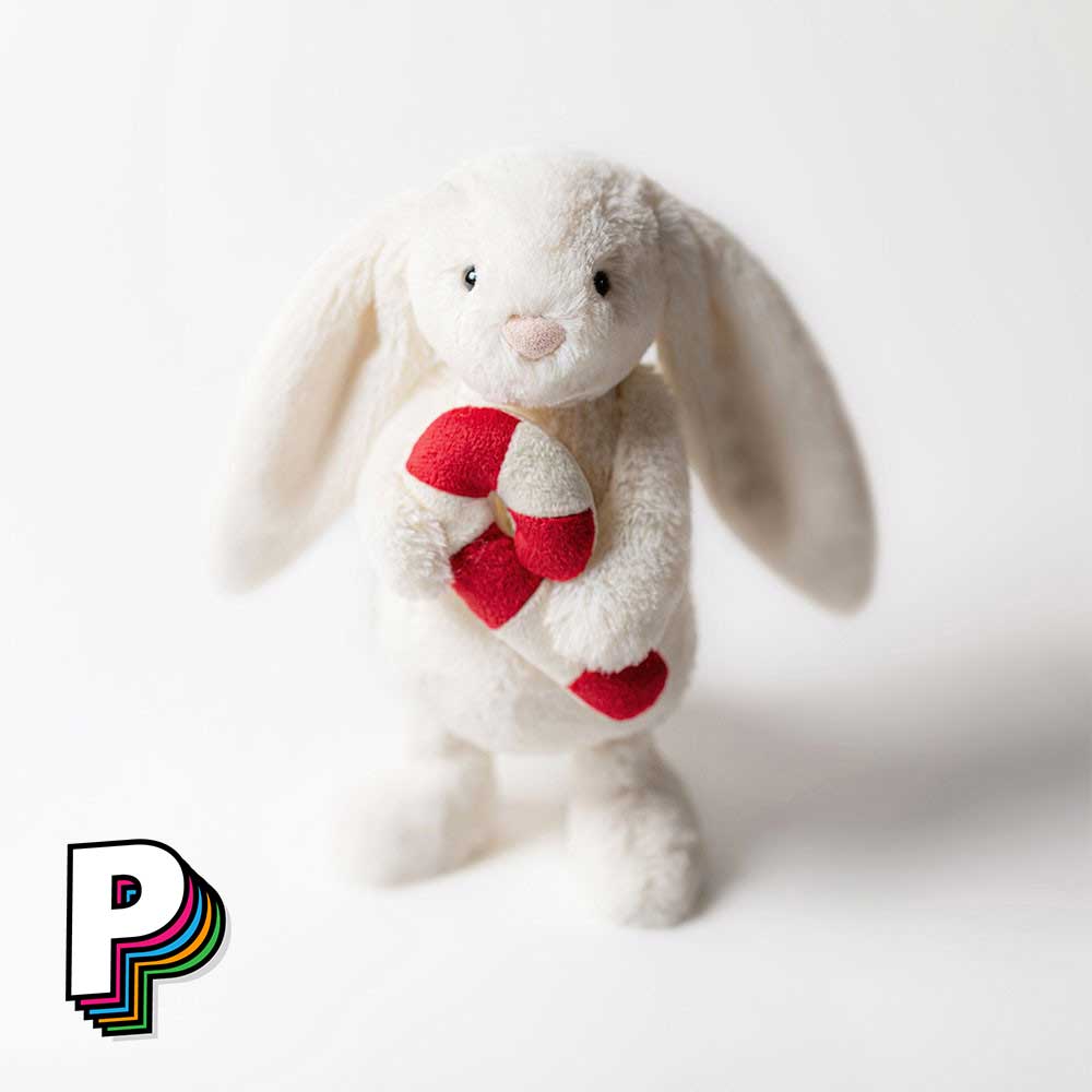 Détails peluche lapin blanc bashful candy cane