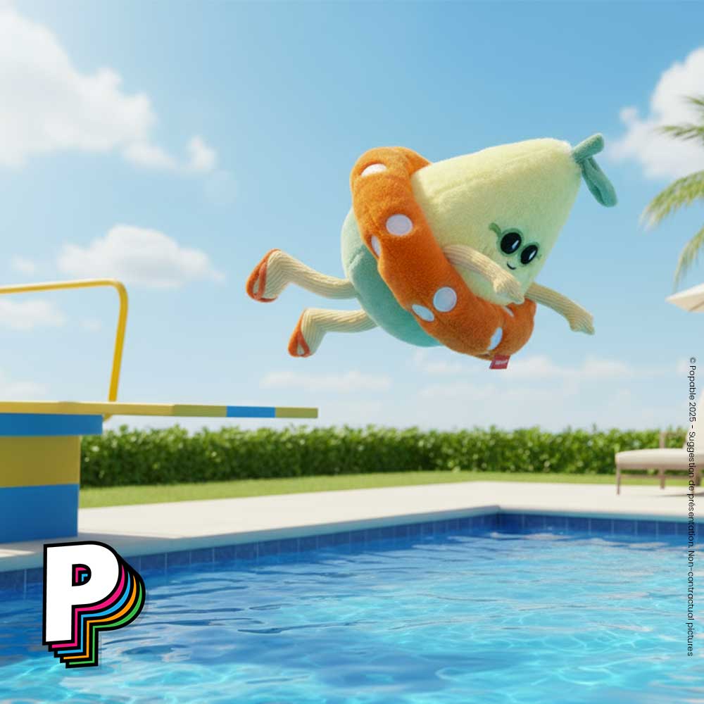 Peluche Lemon Splash citron de Hello Hossy qui saute dans piscine