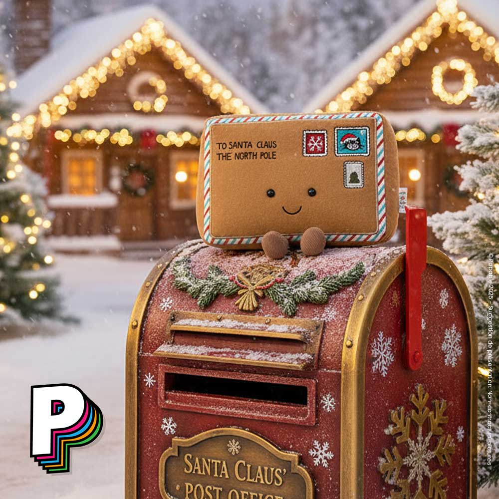 Peluche Lettre du Père-Noël Amuseables de Jellycat sur boite aux lettre au Pole nord