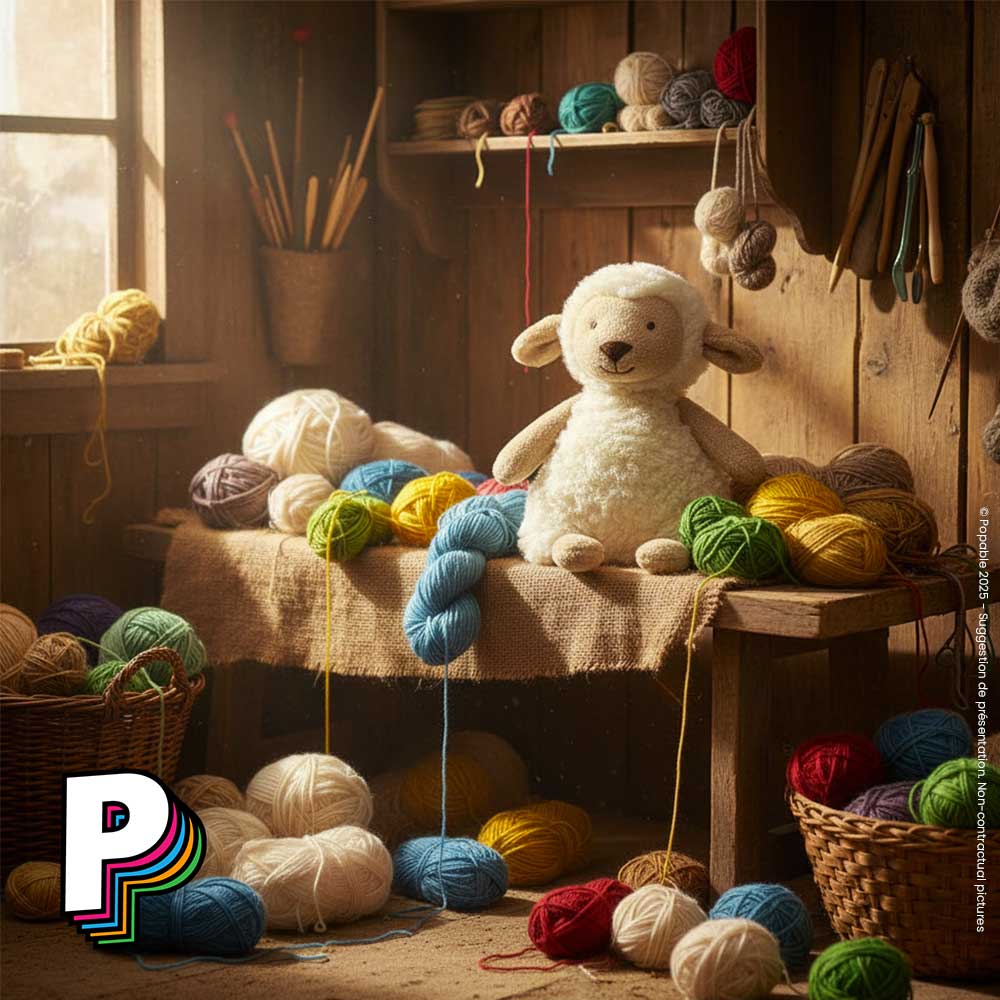 Peluche Agneau Lollie Lamb de jellycat dans atelier avec de la laine