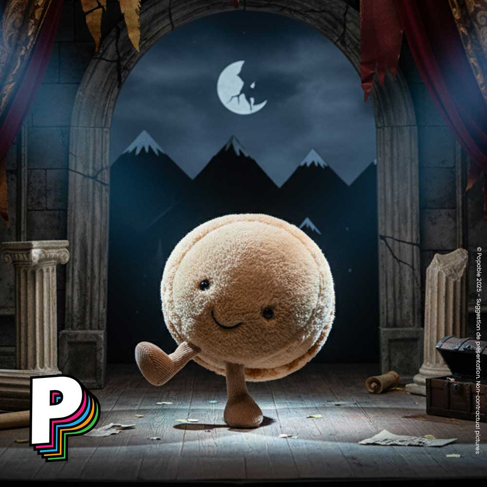 Peluche macaron chocolat marron Jellycat sur une scène de théâtre dramatique