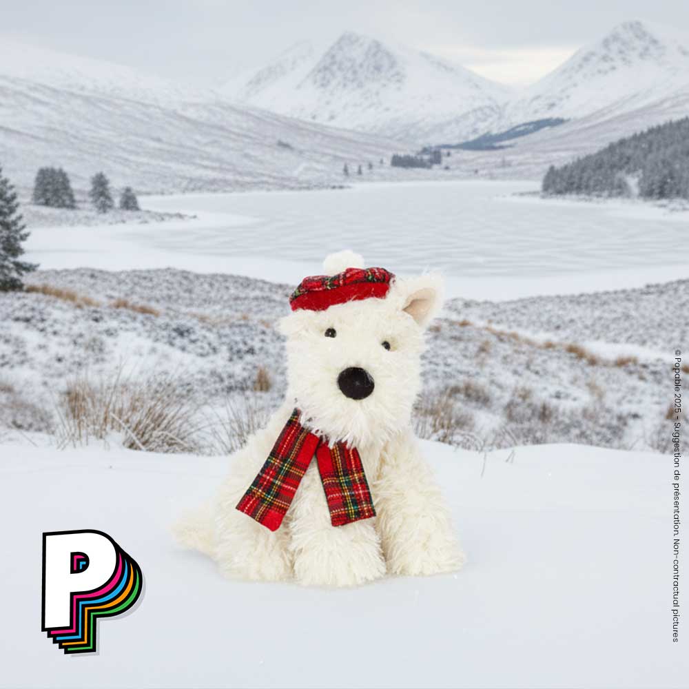 Peluche Munro Chien Écossais Hiver Scottie de Jellycat paysage écossais