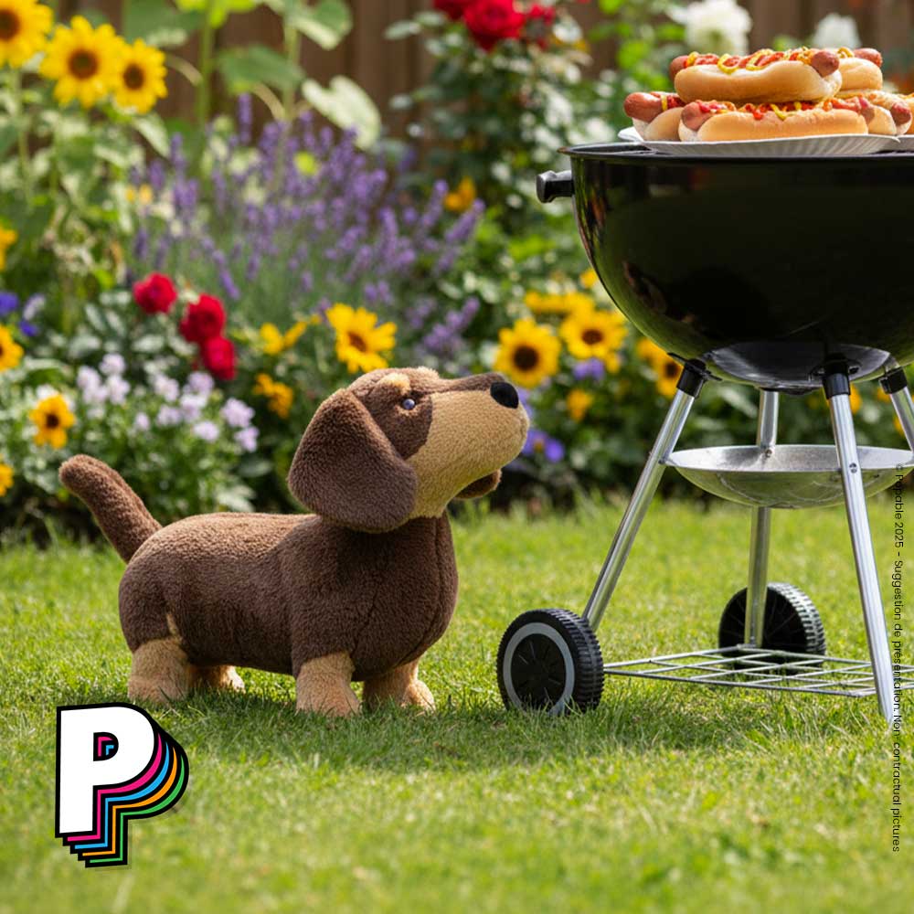 Peluche Chien Sauscisse Otto de Jellycat entrain de renifler des hot-dog