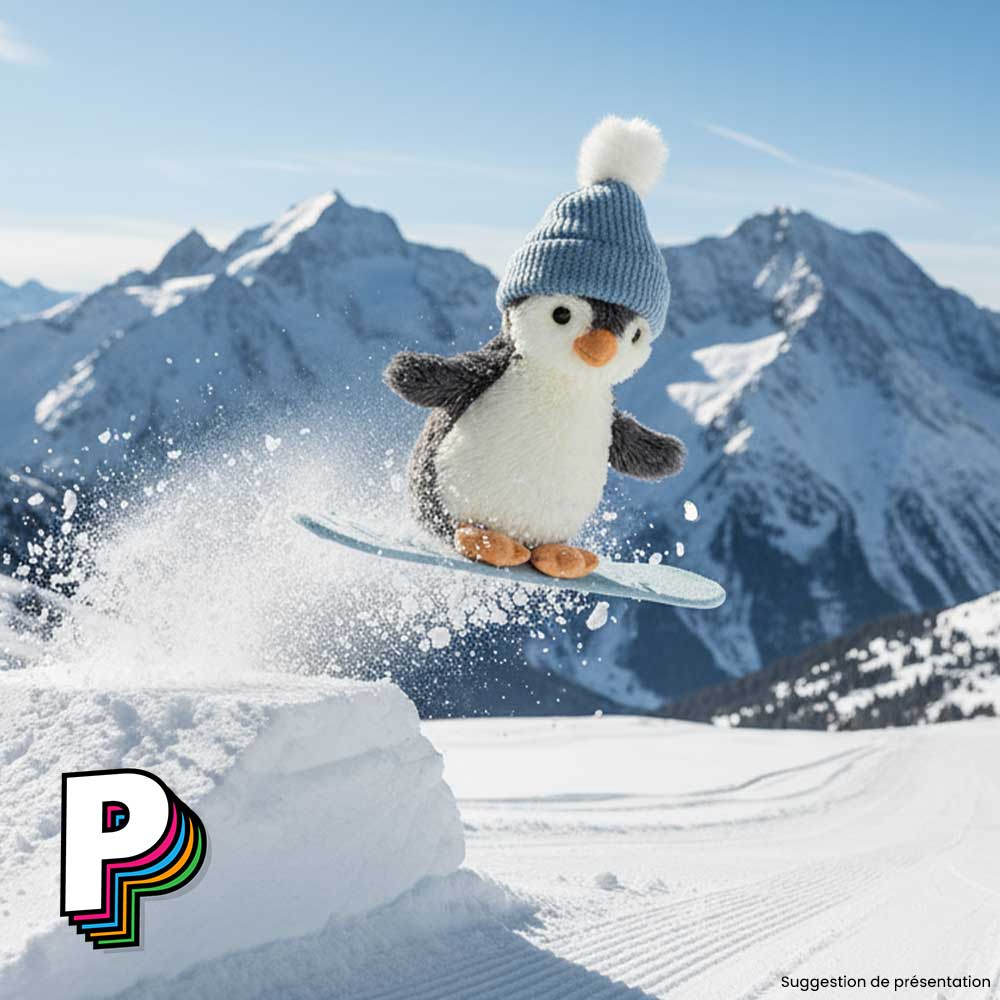 Peluche pingouin Peanut snowboard de Jellycat qui saute une bosse sur une piste de ski