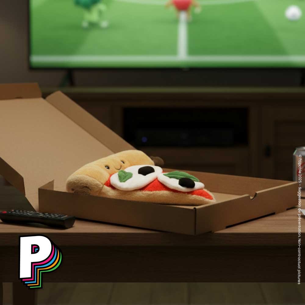 Peluche part de pizza Amuseables de Jellycat devant match de foot