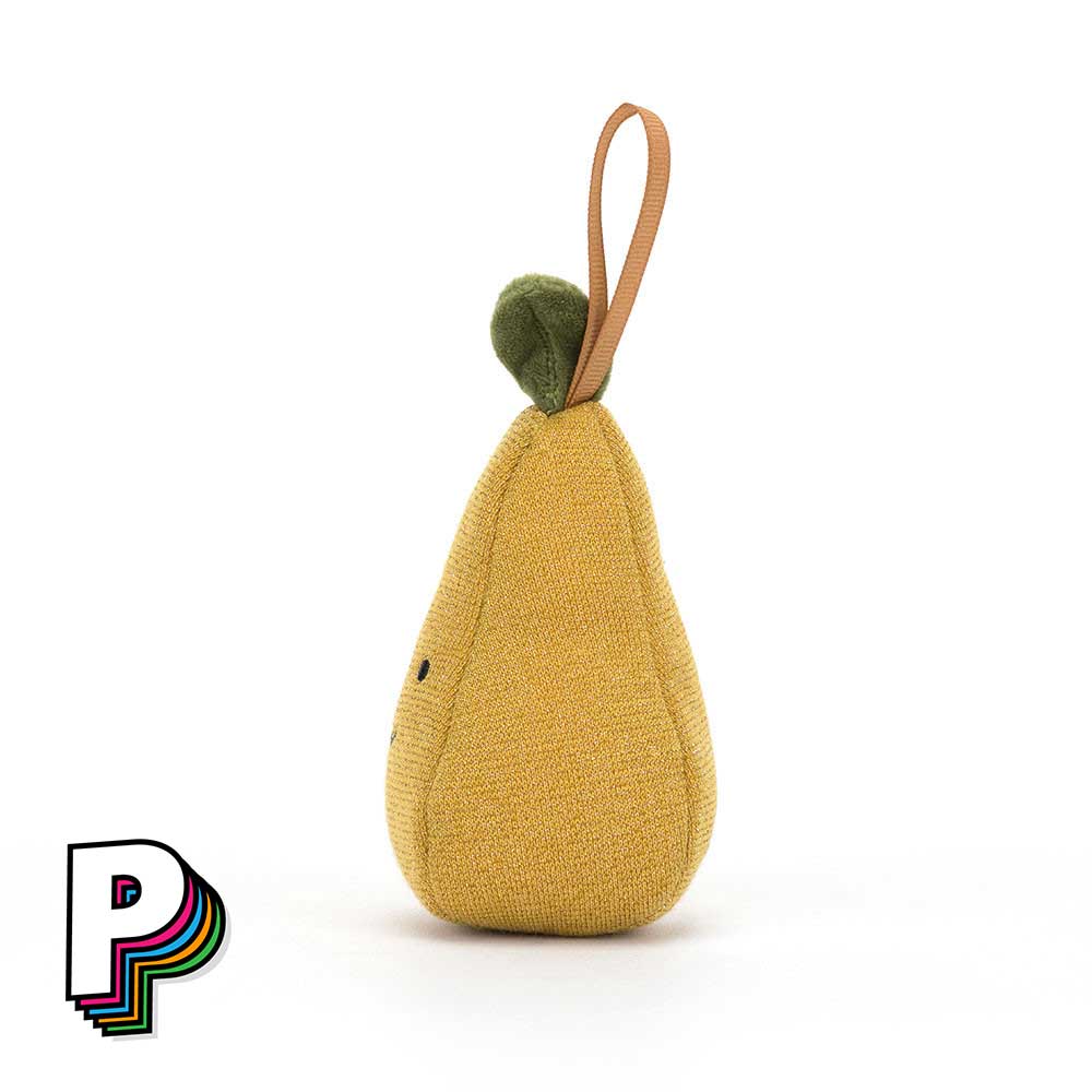 Peluche poire dorée à suspendre de Jellycat de côté