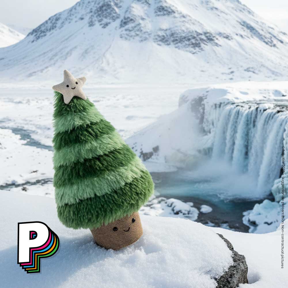 Peluche Sapin Nordique Amuseables de Jellycat au bord d'une cascade