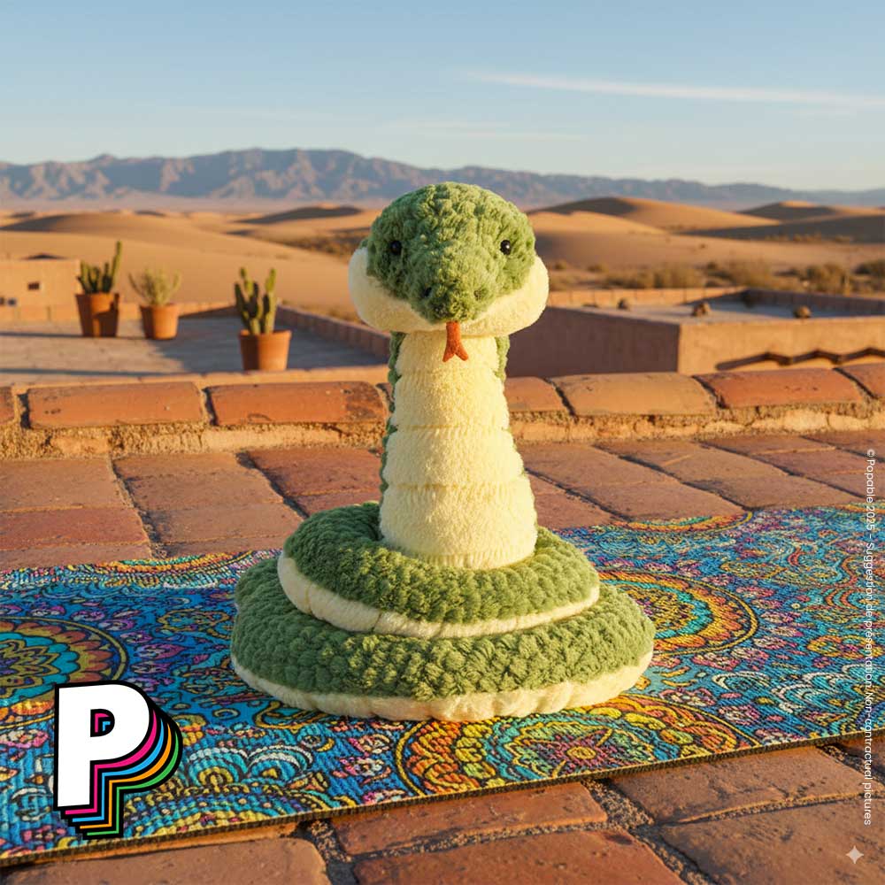 Peluche serpent Cizi de Jellycat sur toit terrasse maison désert