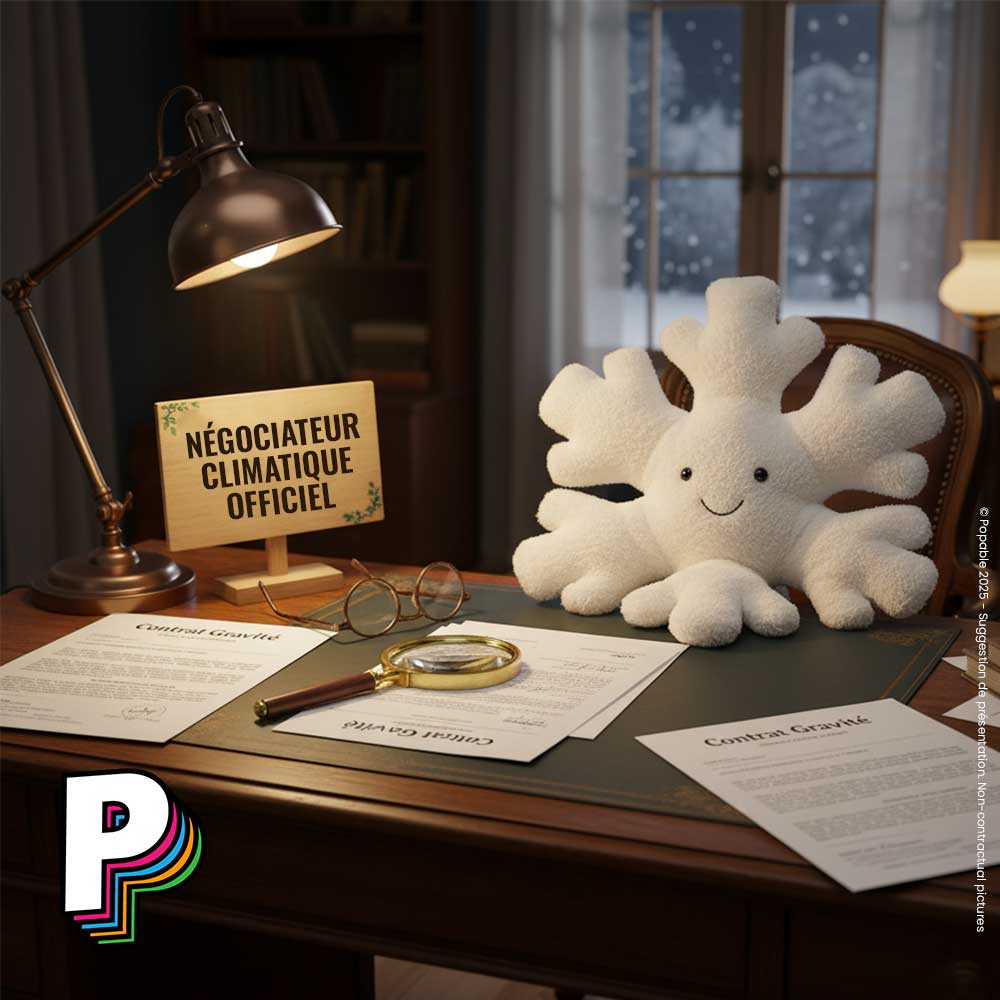 Peluche Petit Flocon de Neige Amuseables de Jellycat (2024) assis sur un bureau de négociation