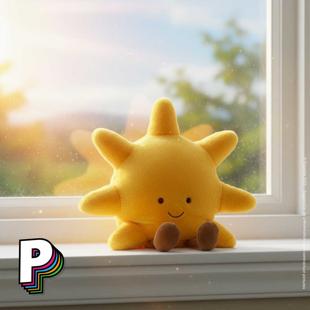 Peluche soleil Amuseables de Jellycat au bord d'une fenetre