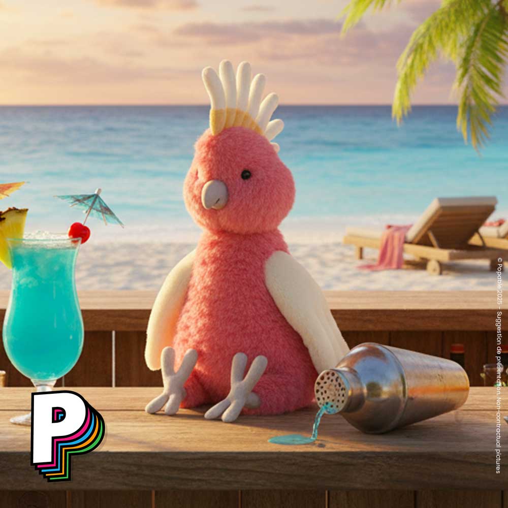 Peluche Perroquet Squawkatoo de Jellycat sur un bar de plage sous les tropiques