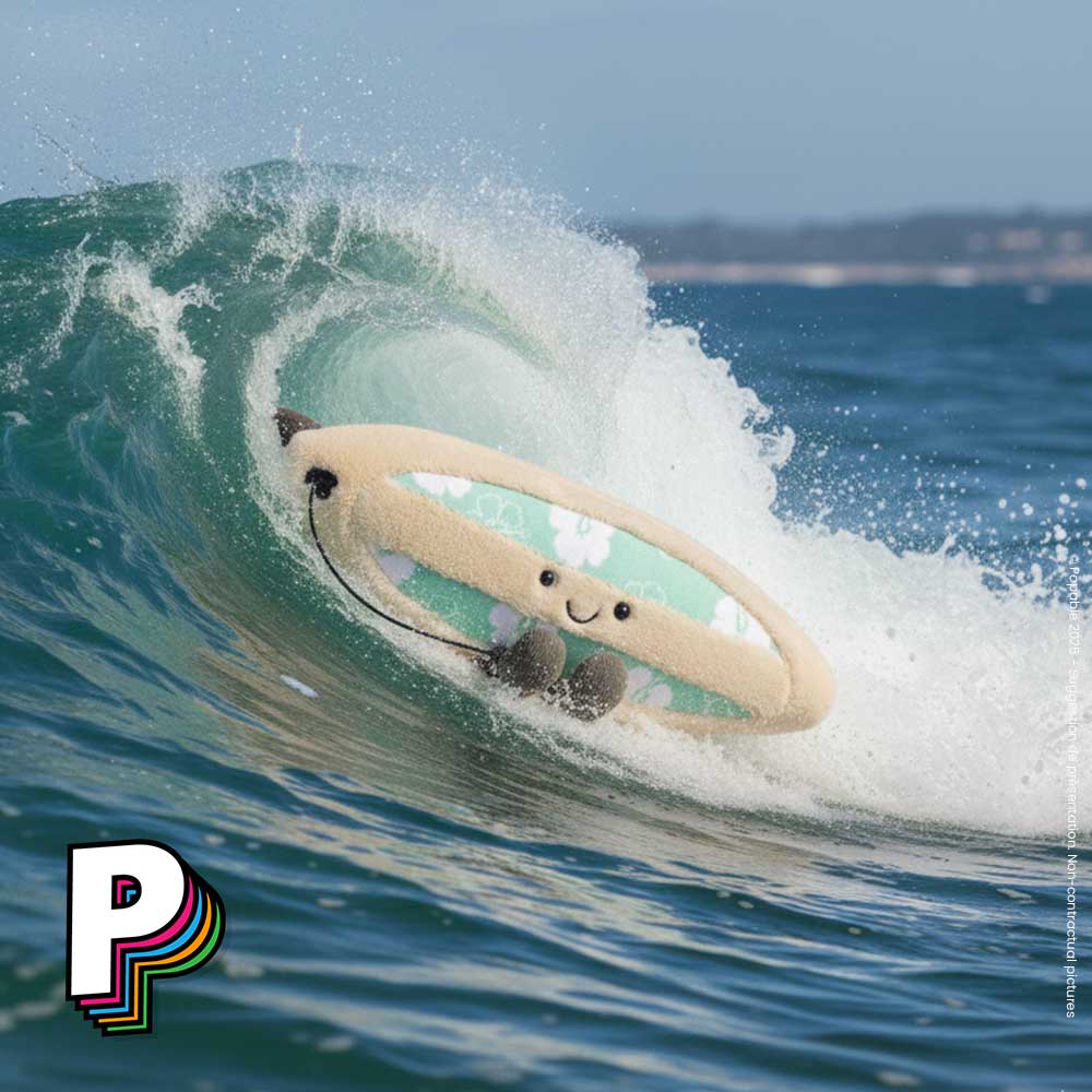 Peluche planche de surf Amuseables de Jellycat qui surf une vague