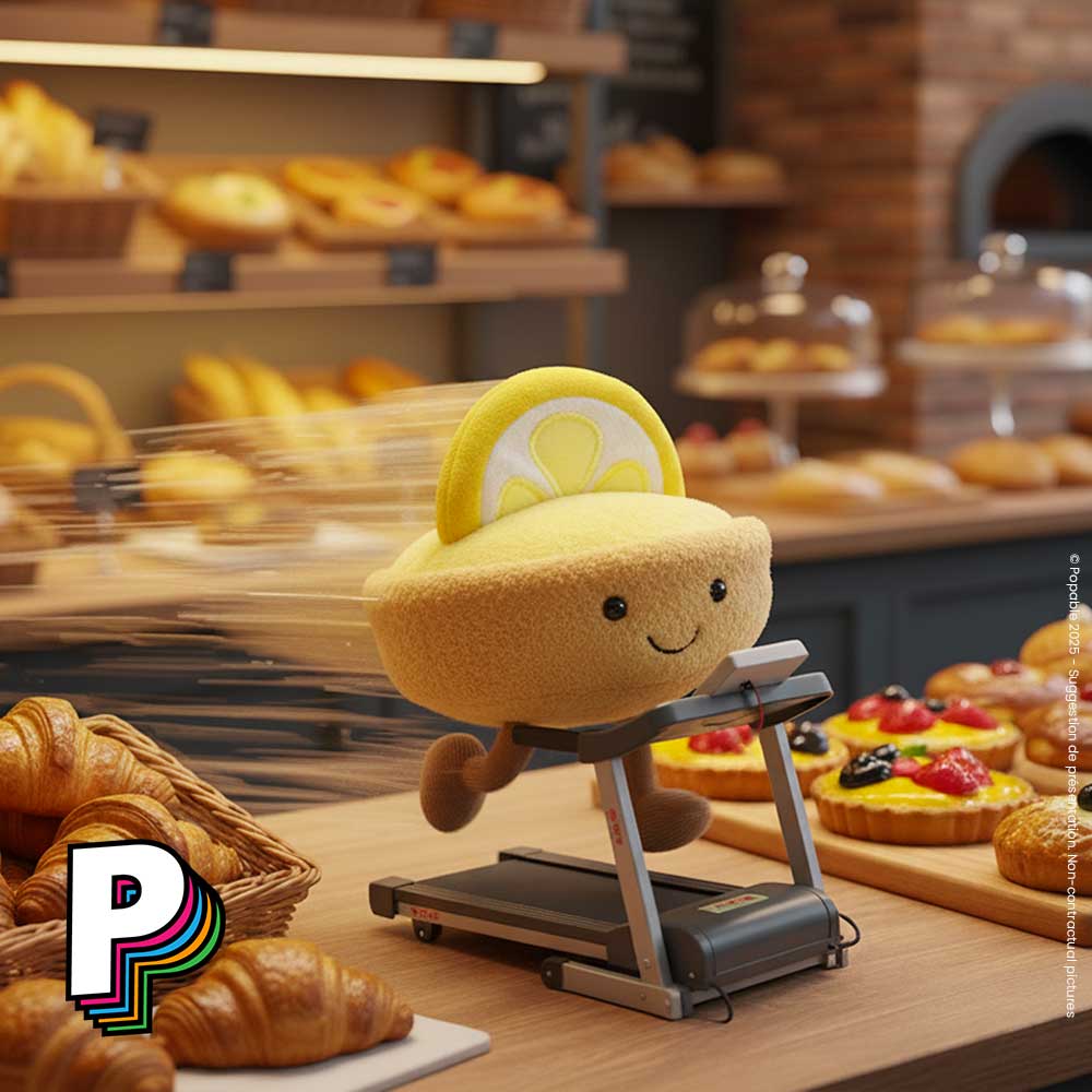 Peluche tarte au citron Amuseables de Jellycat en train de courir dans une boulangerie