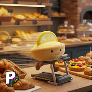 Peluche tarte au citron Amuseables de Jellycat en train de courir dans une boulangerie