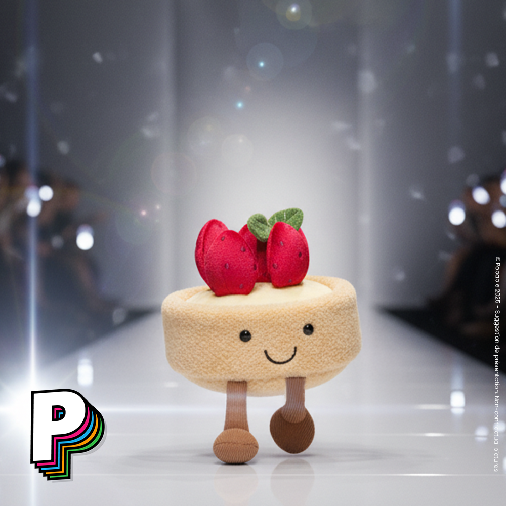 Peluche Tarte au Fraise Fleurette Amuseables de Jellycat à un défilé de mode