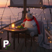 Peluche Tortue Timmy Romantique de Jellycat sur un bateau entrain de faire dîner romantique seul