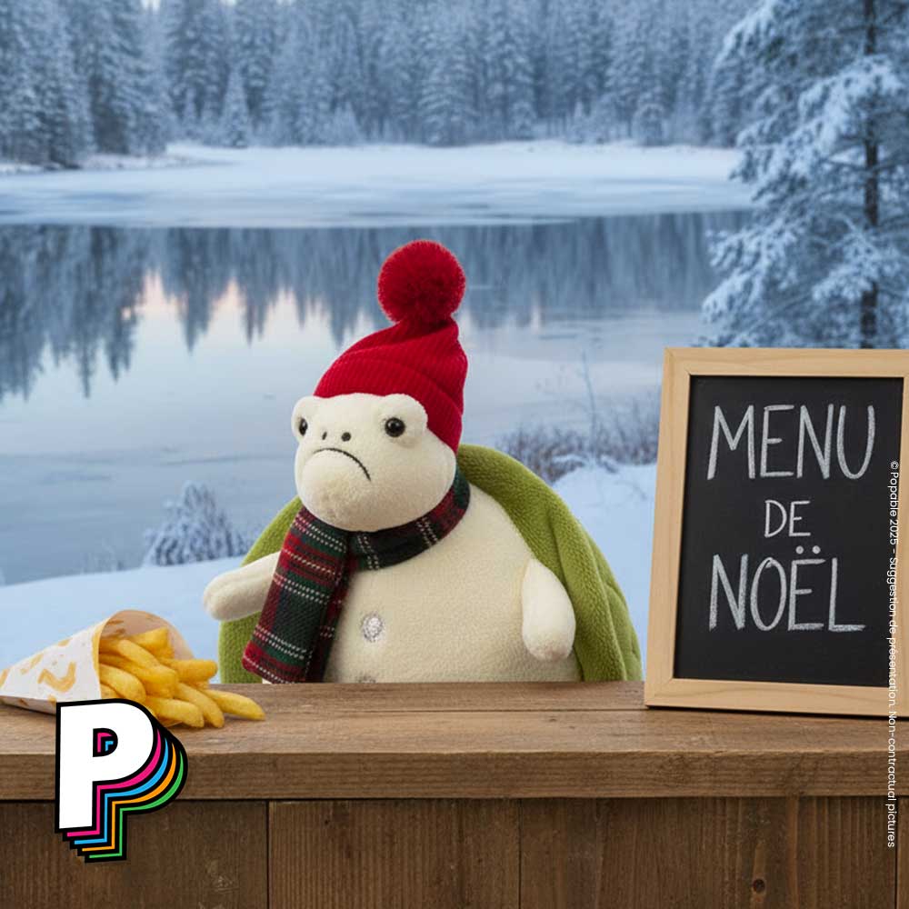 Peluche Tortue Timmy bonhomme de neige de Jellycat comptoir menu de noel