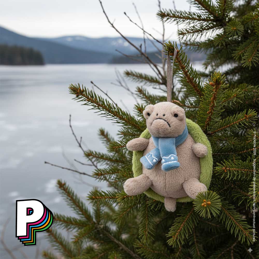 Peluche à suspendre Timmy Tortue Grogon de Jellycat dans un sapin proche d'un lac gelé
