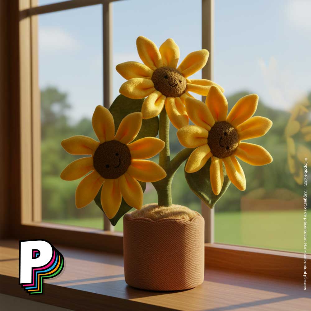 Peluche Tournesol en pot fleurs Amuseables de Jellycat près d'une fenêtre