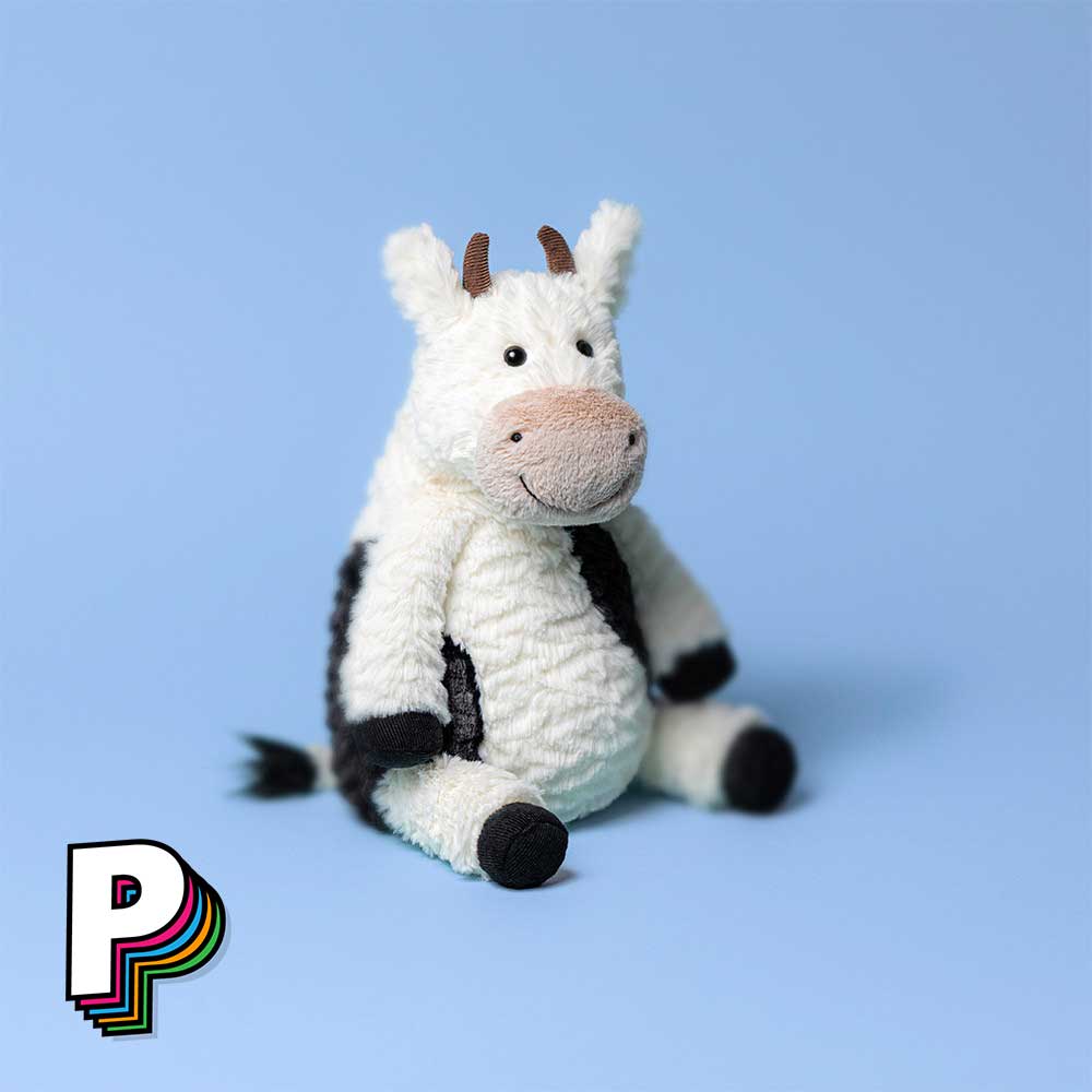 Peluche Mooliet vache de Jellycat avec fond bleu