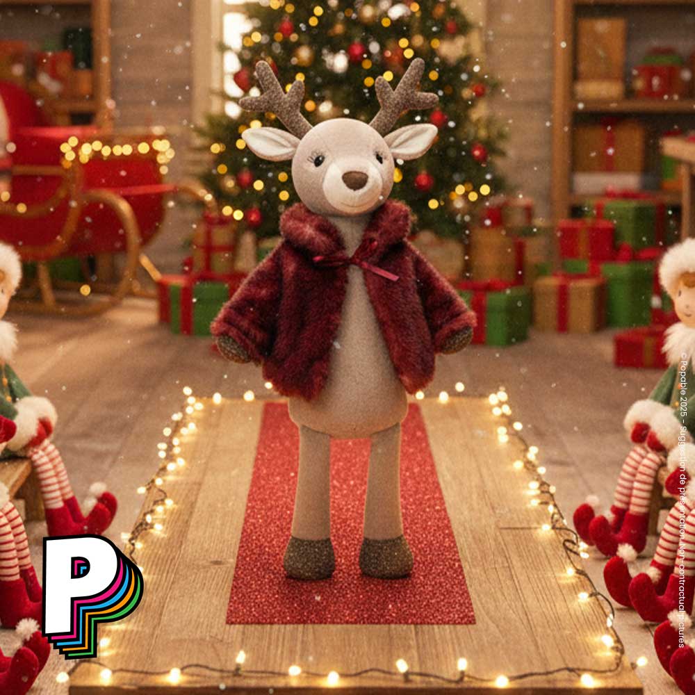 Peluche Renne Vivien avec Manteau de Jellycat sur podium défilé de mode