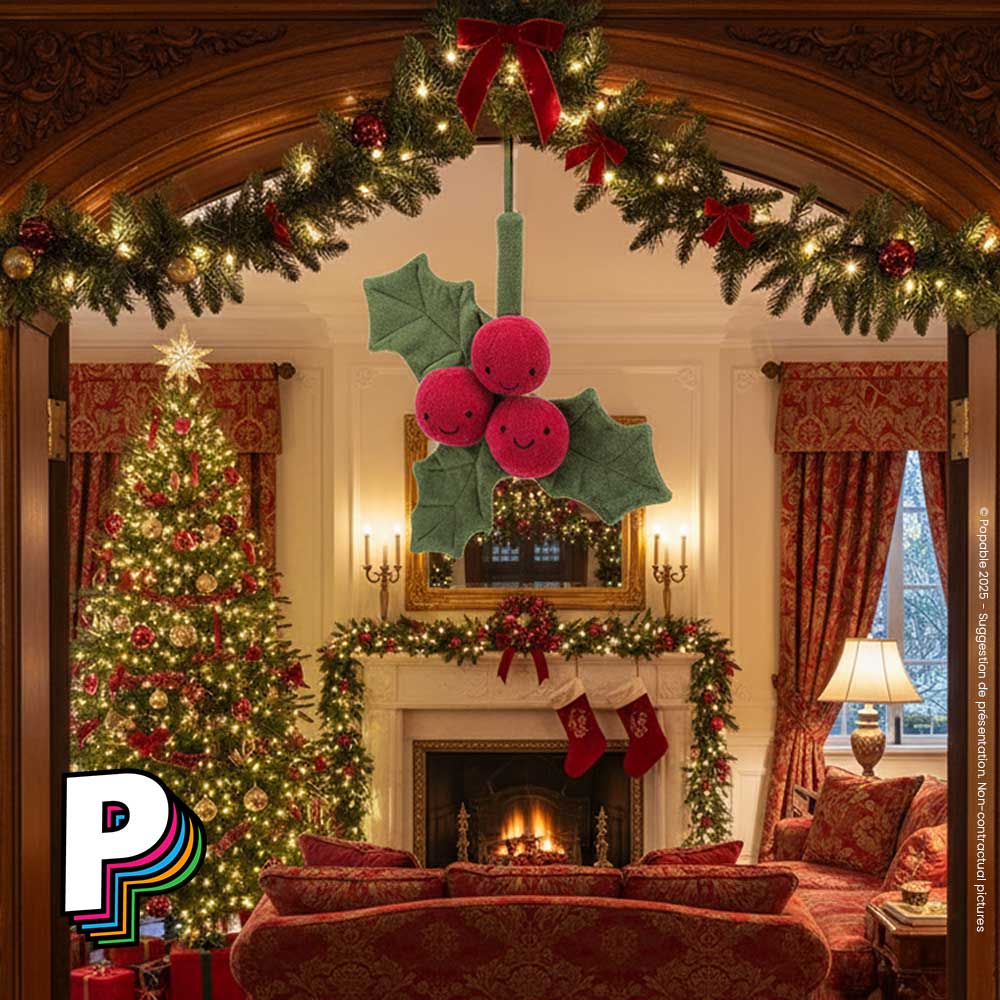 Peluche Branche de Houx Amuseables de Jellycat qui est accroché à l'entree d'un salon décoré pour Noël