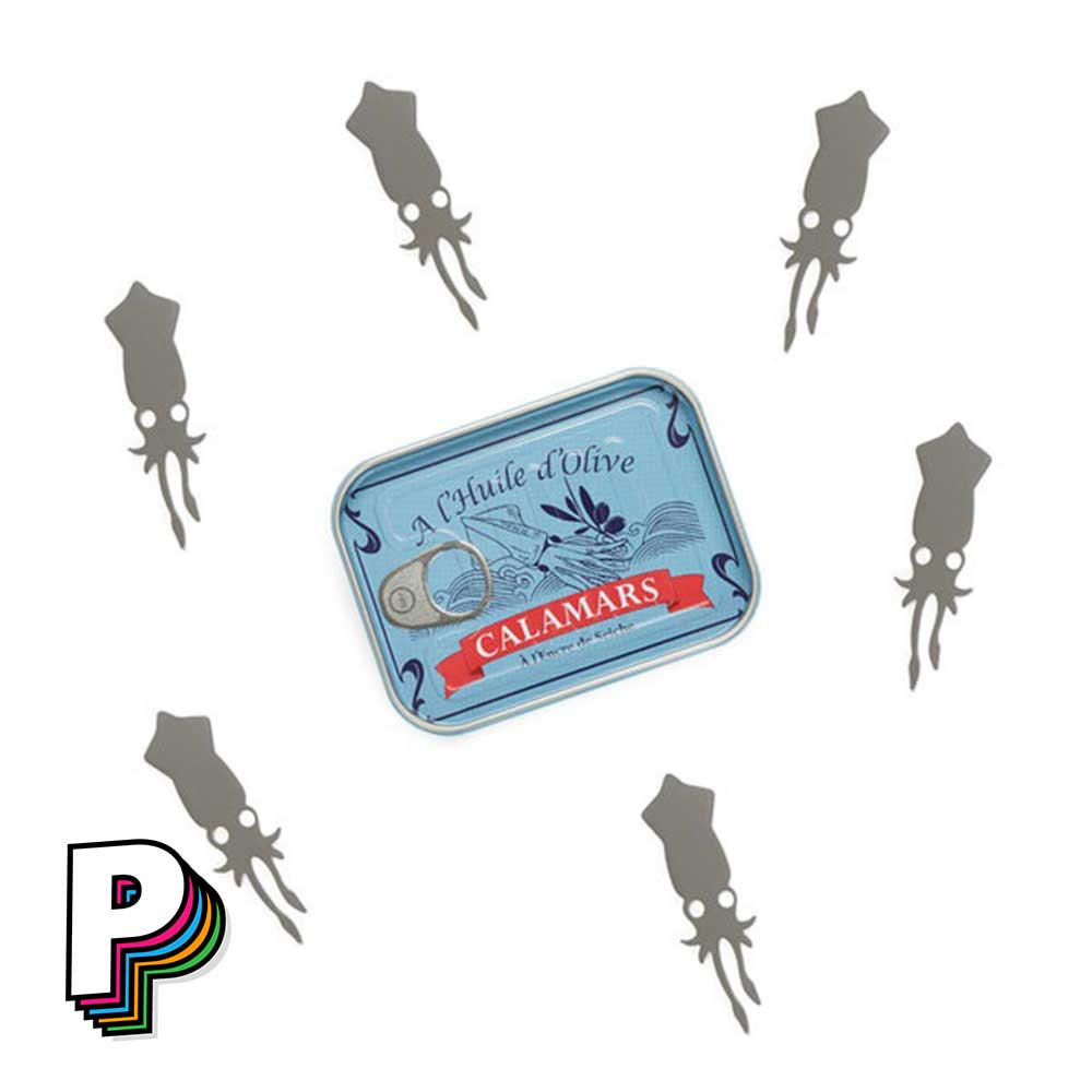 Boite conserverie bleu azur et 6 Pics apéritif conserverie en forme de calamars