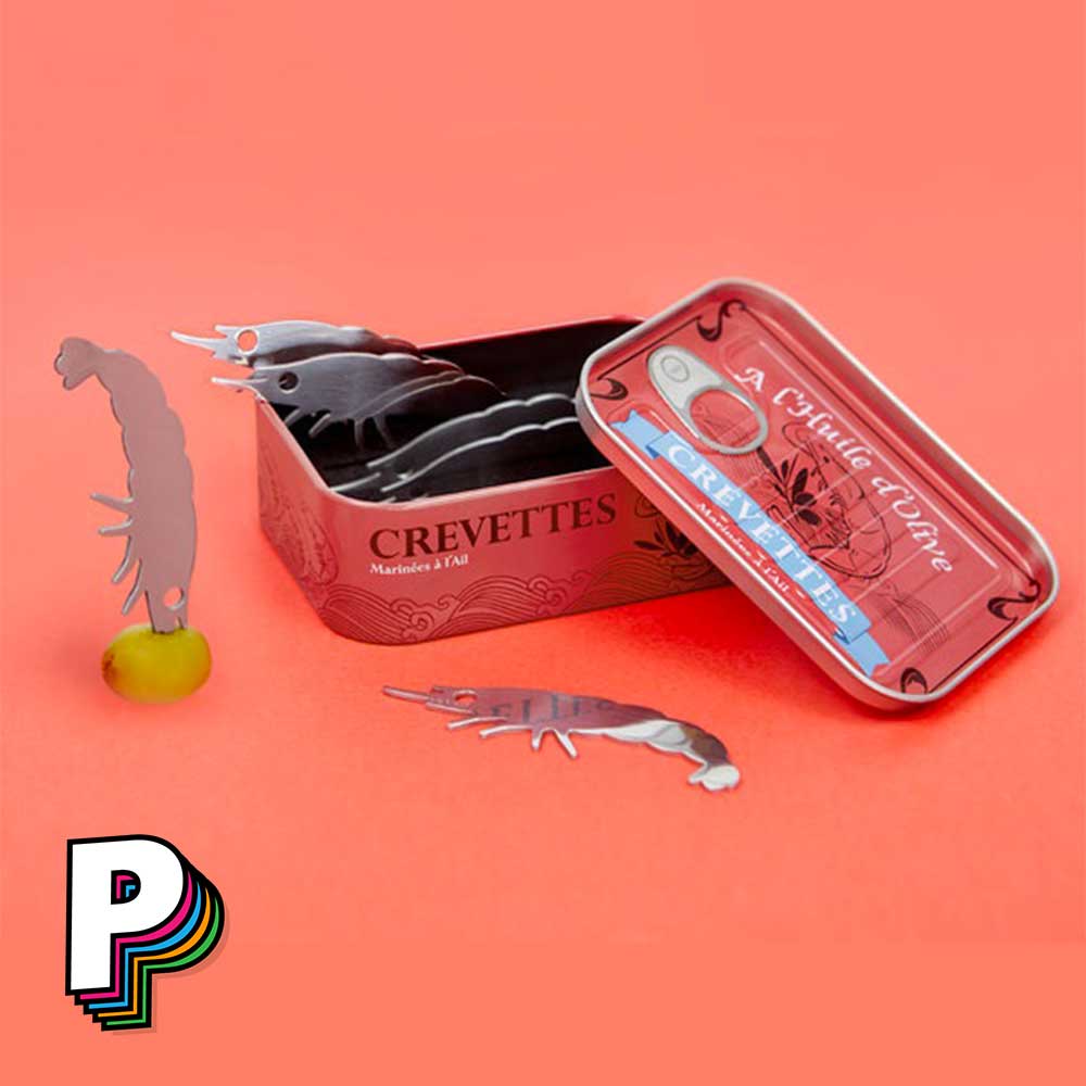 Pics apéritif conserverie en forme de crevette avec la boite