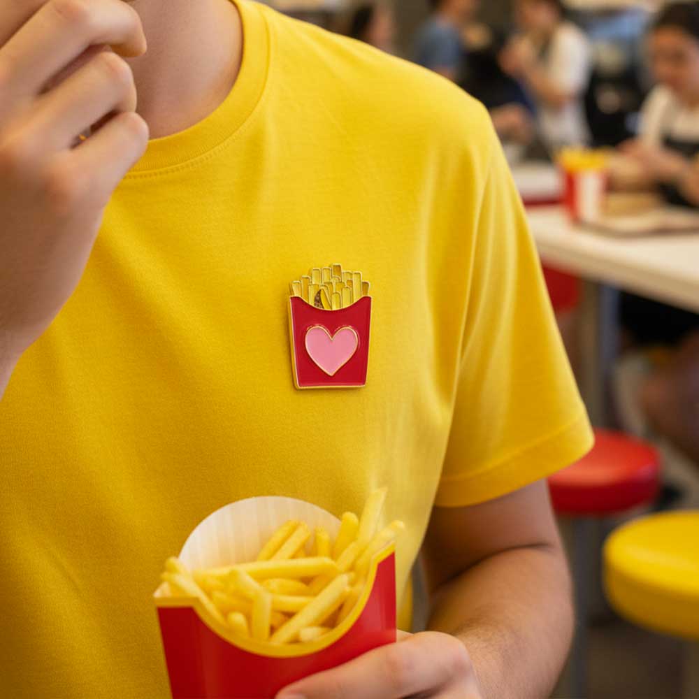 Pin’s Frites 🍟 Des frites! Des Frites! Des Frites! sur tee-shirt avec un jeune homme qui mange des frites