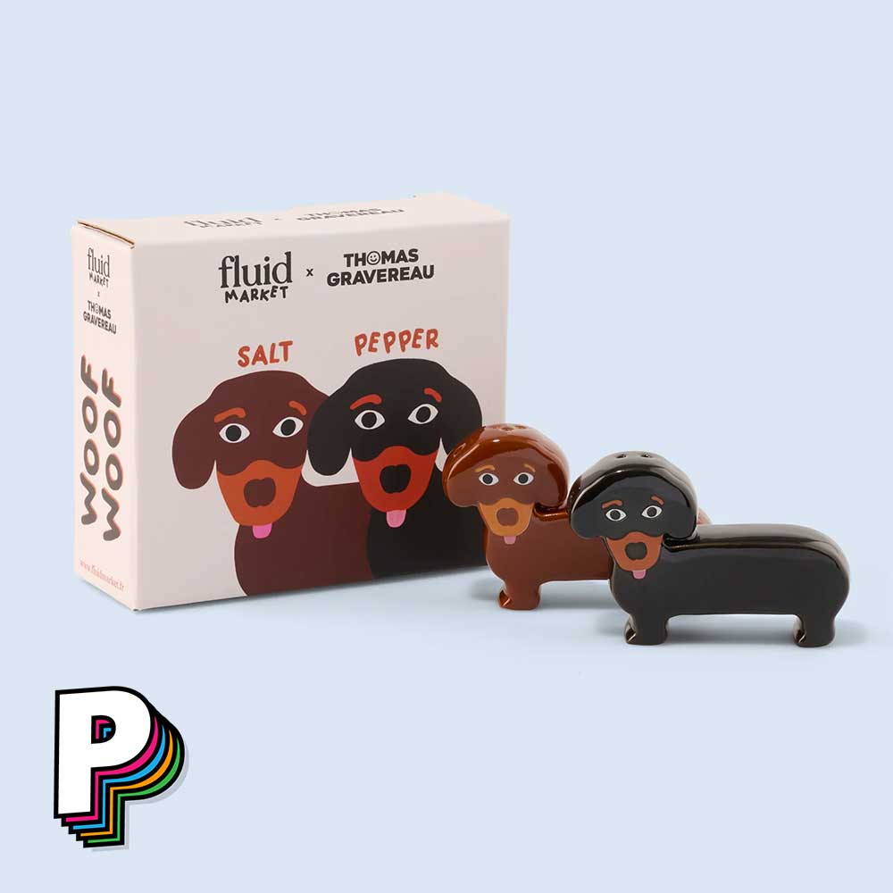 Sel & Poivre Teckel en céramique par Thomas Gravereau X Fluid Market avec la boite