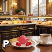 Porte-clé trousse Macaron Framboise de YUP! dans salon de thé Parisien