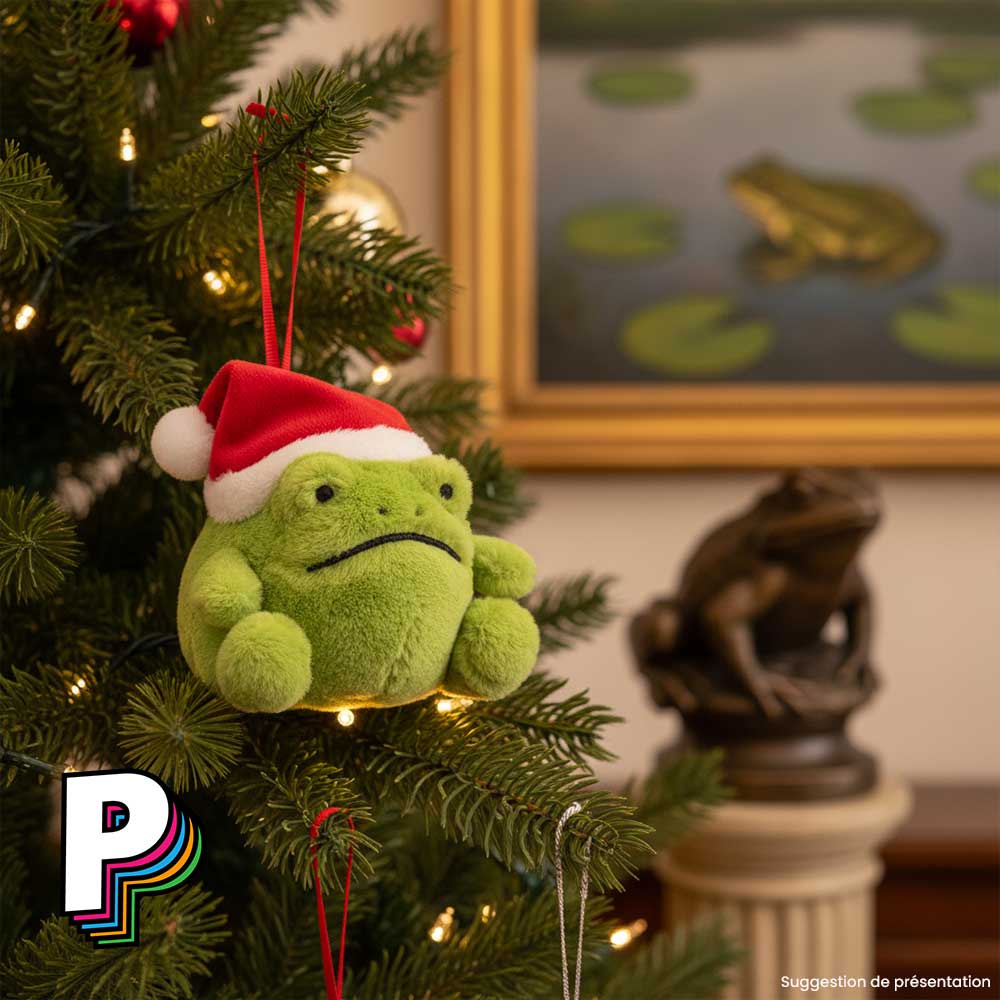 Peluche grenouille de Noël à suspendre Ricky Rain Frog de Jellycat dans sapin de Noël chez fan de grenouille