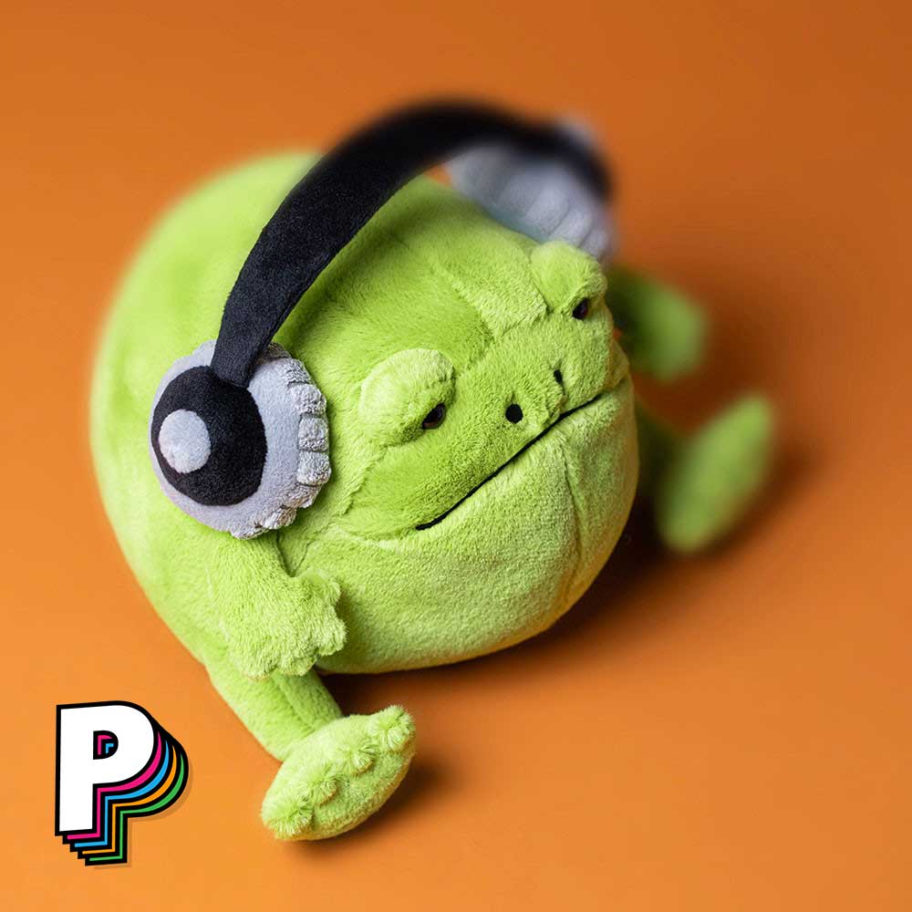 Peluche grenouille avec casque audio/écouteur de Jellycat