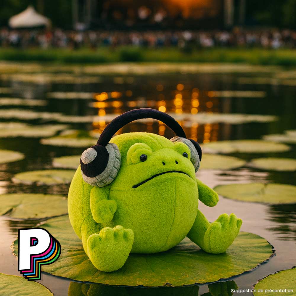 Peluche grenouille Ricky RAIN avec casque audio de Jellycat 