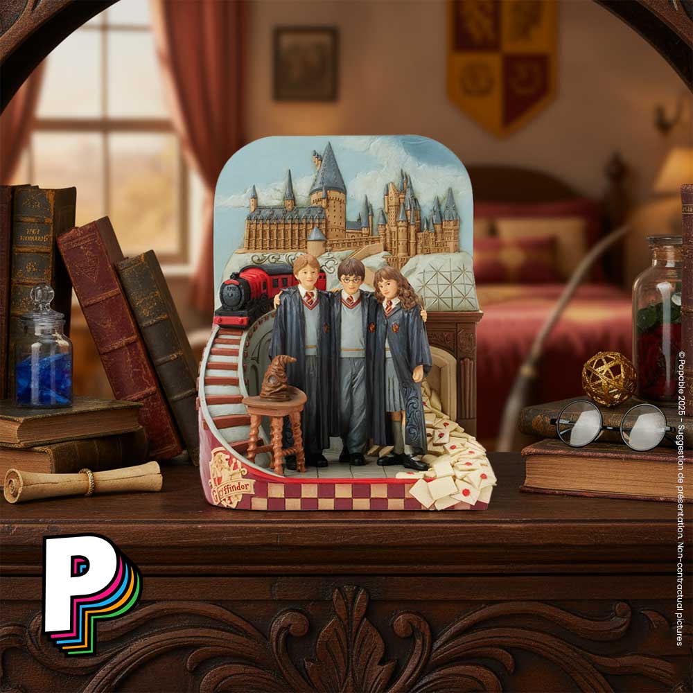 Figurine Trio Harry Ron Hermione Château Poudlard de Harry Potter dans chambre de sorcier