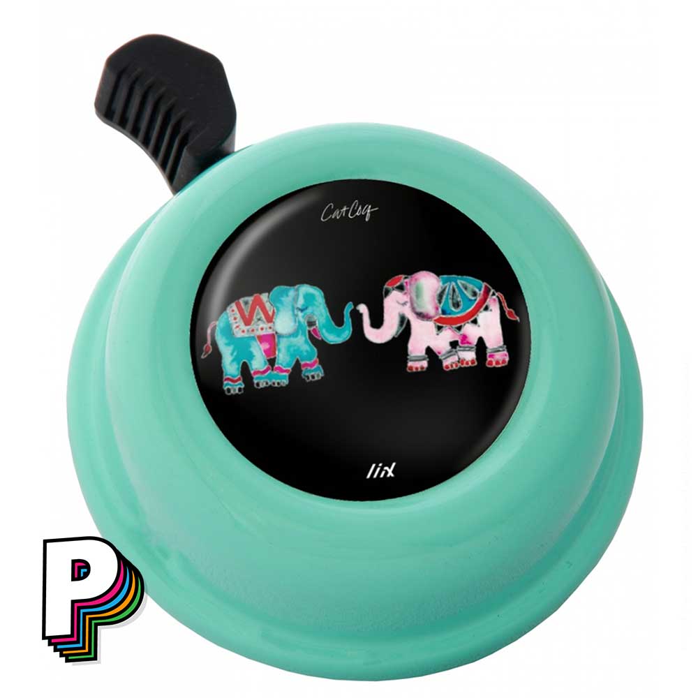 Sonnette vélo vert/bleu Elephant Kiss de LIIX avec illustration des 2 elephants