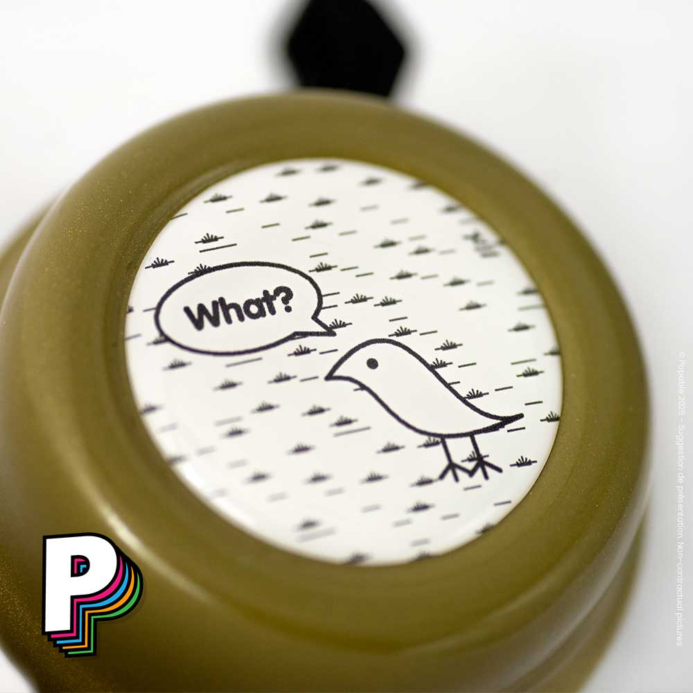 Sonnette vélo vert olive What Bird ? de LIIX détail illustration oiseau humour