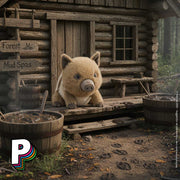 Peluche Sanglier Swinley Boar de Jellycat devant sa cabane de boue