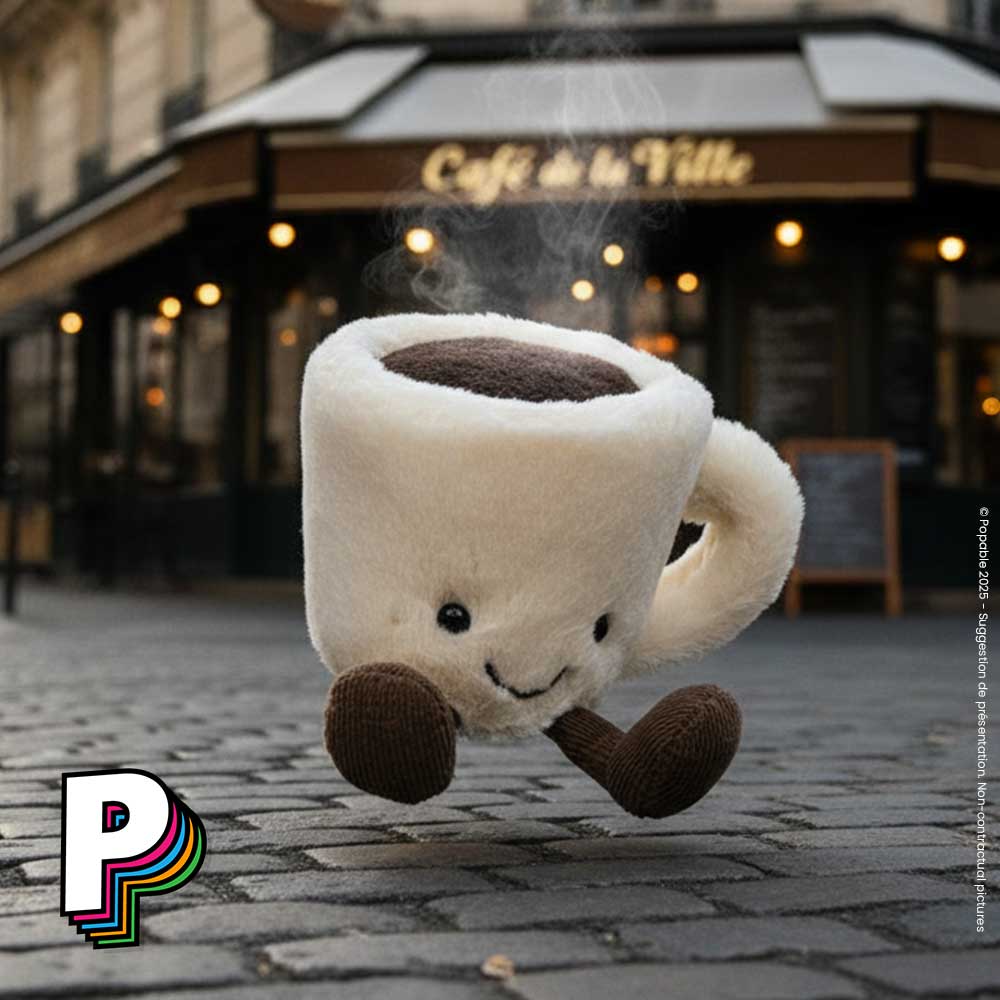 Peluche tasse de café espresso Amuseables de Jellycat en plein échauffement matinal 