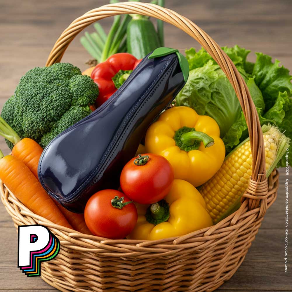 Trousse aubergine de Yup! dans un panier de légumes