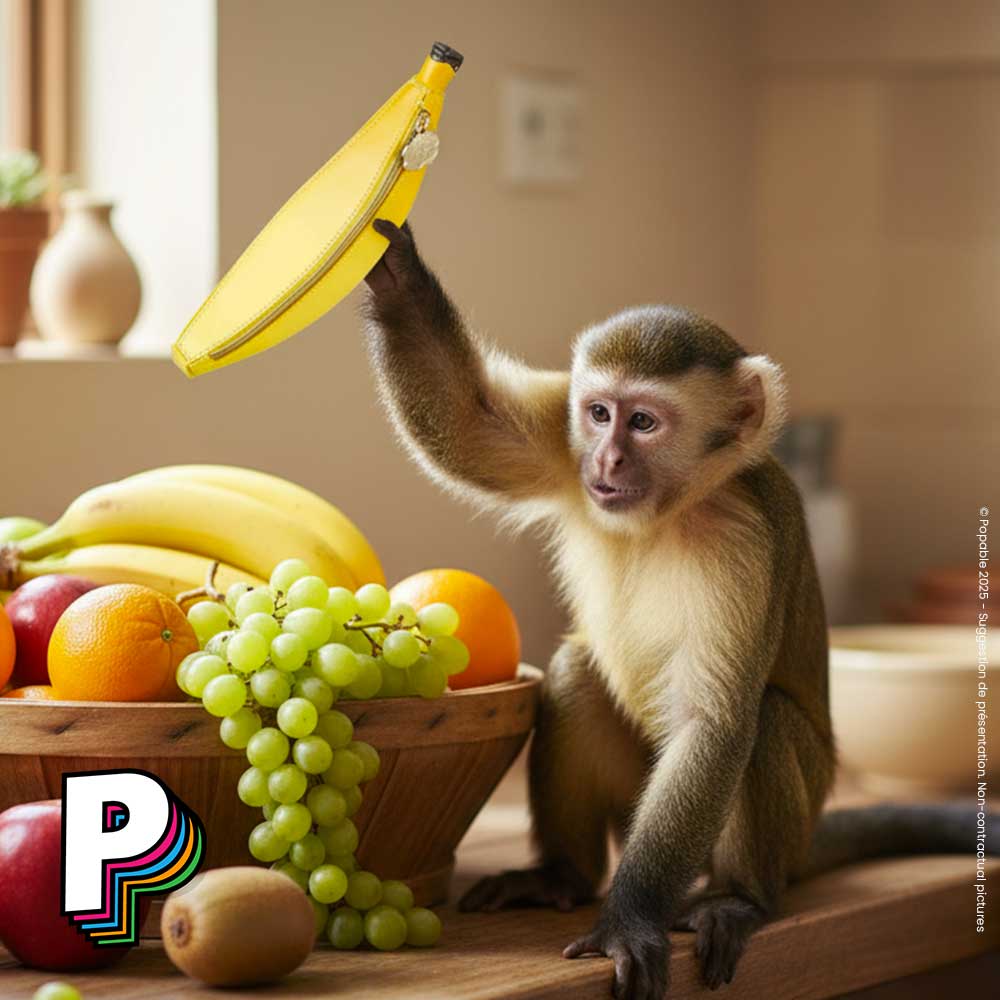 Trousse Banane en cuir de Yup! tenu par un singe