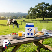 Trousse Boite de Lait by YUP! dans champs de vache avec petit-dejeuner