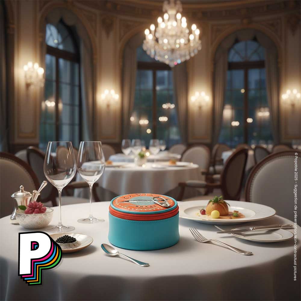 Trousse Boite de Caviar en conserve de YUP! sur la table d'un grand restaurent Parisien