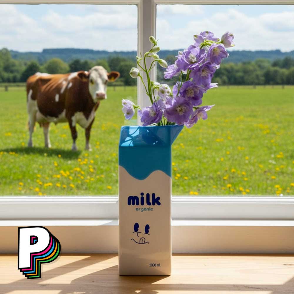 Vase Brique de Lait en céramique de Fluid Market avec une vache