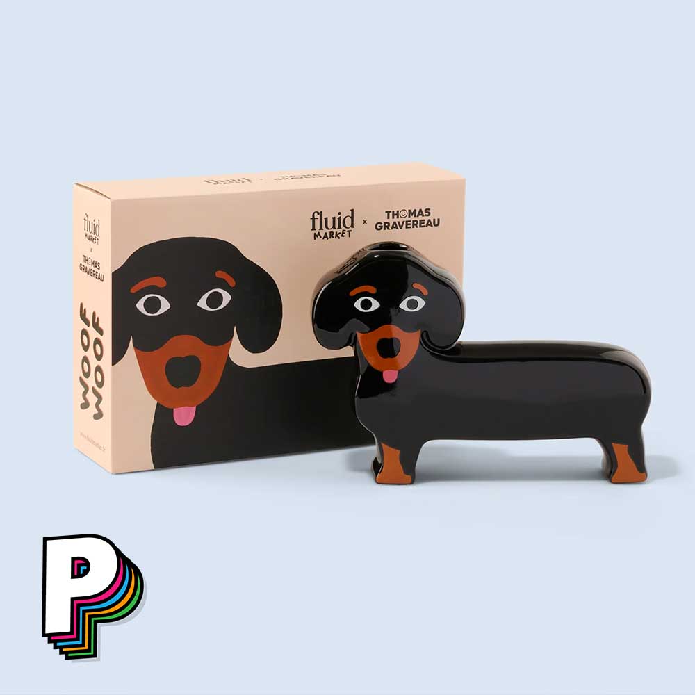 Vase chien Teckel en céramique de Fluid Market et sa boite